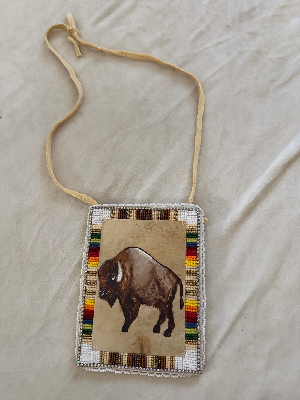 Beaded Buffalo Crossbody Bag in Tan with Multicolor Trim